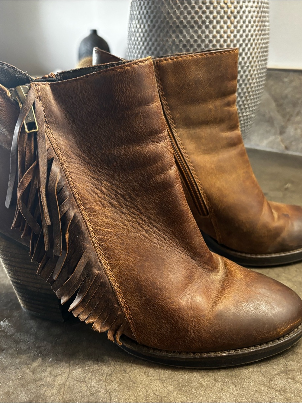 Women's western Brown Leather Fringe Ankle Boots